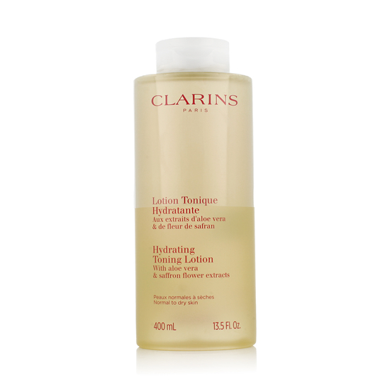 Clarins Hydrating Toning Lotion bottle with aloe vera and saffron flower