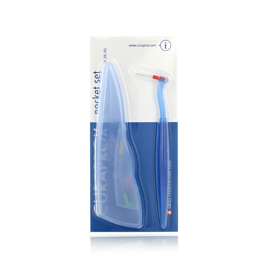 Curaprox Pocket Set CPS 457 mėlynas tarpdančių šepetėlių rinkinys su laikikliu