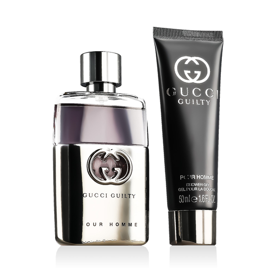 Gucci Guilty Pour Homme EDT gift set with shower gel, shown together