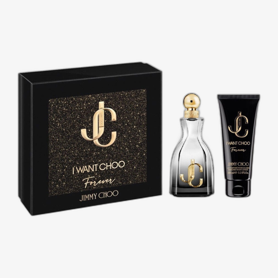 Jimmy Choo I Want Choo Le Parfum fragrance set with full-size, mini parfum and body lotion