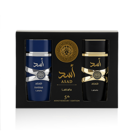 Lattafa Asad and Asad Zanzibar EDP bottles presented as a two-fragrance set