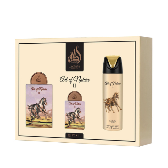 Lattafa Pride Art Of Nature II EDP set with 100 ml and 20 ml bottles and body spray