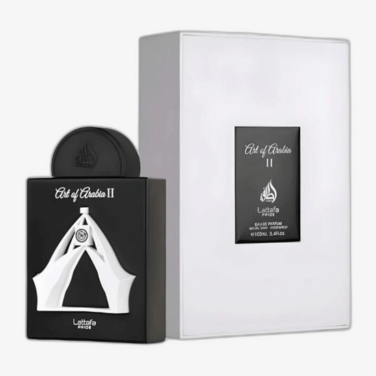 Lattafa Pride Art of Arabia II EDP bottle, a unisex citrus-woody fragrance