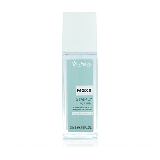 Mexx Simply For Him men's deodorant shown in a glass bottle