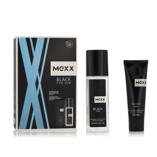 Mexx Black Man deodorant and shower gel set, shown as a two-piece grooming duo