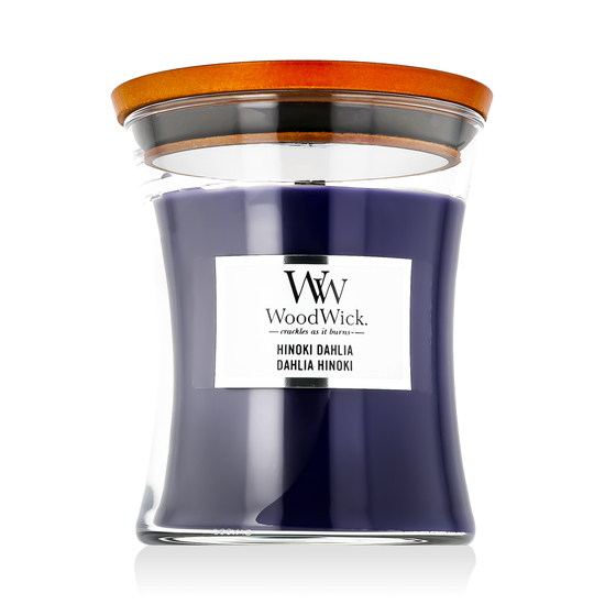 WoodWick Hinoki Dahlia kvapioji žvakė smėlio laikrodžio formos inde, 275 g