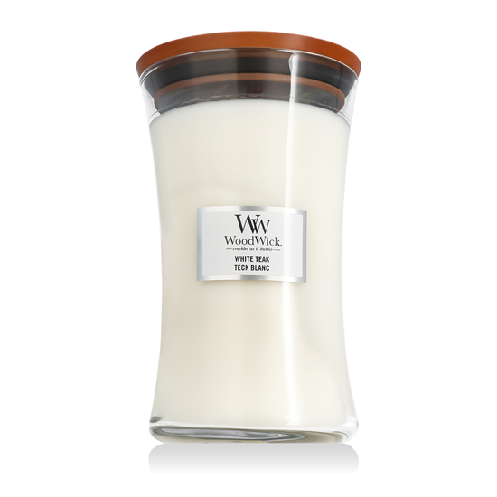 WoodWick White Teak Large Hourglass scented candle shown in its glass vessel