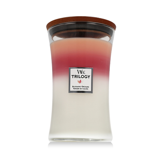 WoodWick Trilogy Blooming Orchid scented candle in a large hourglass jar