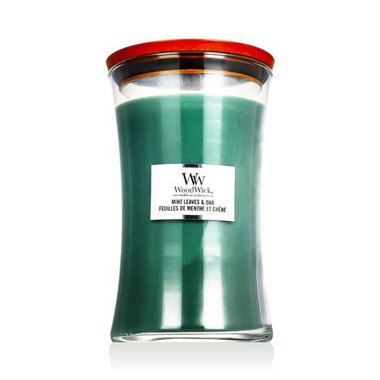 WoodWick Large Hourglass Mint Leaves & Oak scented candle in its glass jar