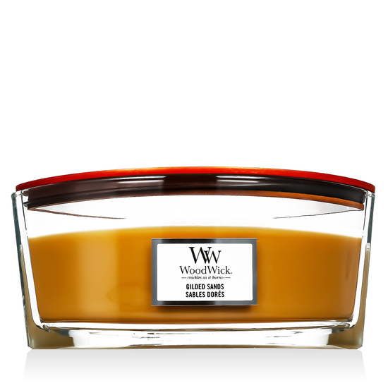 WoodWick Ellipse Gilded Sands scented candle in its oval vessel
