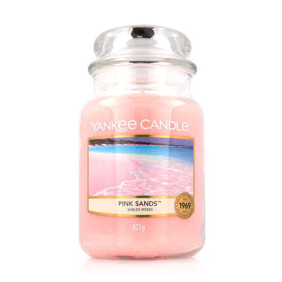 Yankee Candle Pink Sands scented candle shown in its classic large jar