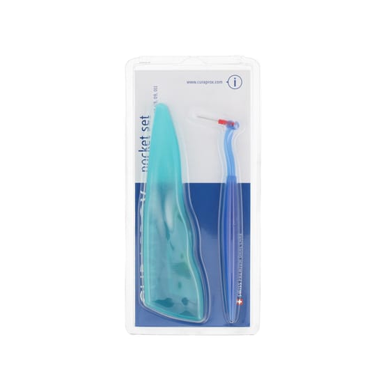 Žalias Curaprox Pocket Set CPS 457 tarpdančių šepetėlių rinkinys su UHS 451 laikikliu