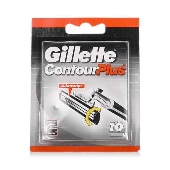На фото — упаковка бритвенных лезвий Gillette ContourPlus, 10 штук