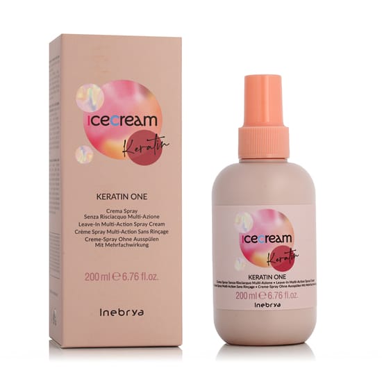 Inebrya Ice Cream Keratin One leave-in spray cream bottle and texture