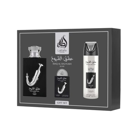 Lattafa Pride Ishq Al Shuyukh Silver EDP rinkinio pakuotė ir dezodorantas