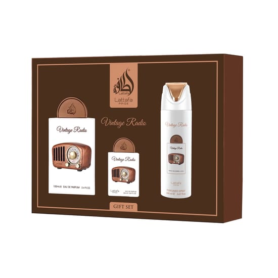 Lattafa Pride Vintage Radio fragrance set with EDP bottles and bodyspray