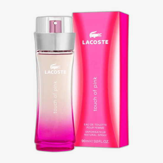 Lacoste Touch of Pink EDT fragrance bottle in its product presentation