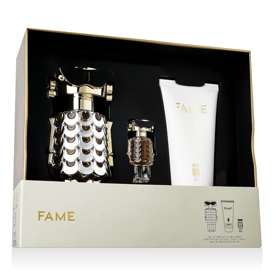 Rabanne Fame Eau de Parfum set shown with a mini fragrance and body lotion