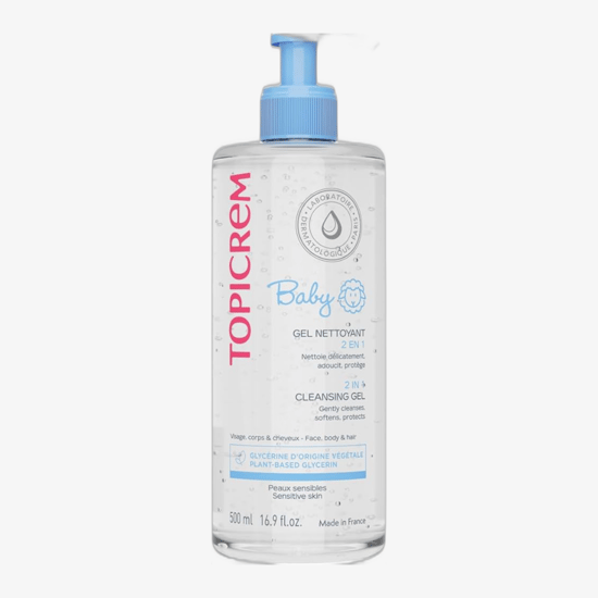 Topicrem Baby 2 in 1 Cleansing Gel shown as a baby shower gel