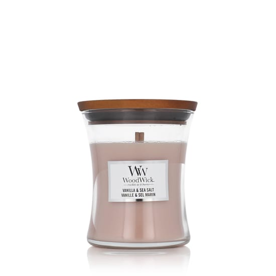 WoodWick Vanilla & Sea Salt kvapioji žvakė smėlio laikrodžio formos inde