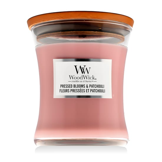 WoodWick Medium Hourglass kvapni žvakė su presuotų gėlių ir pačiulio aromatu