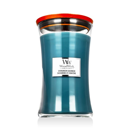 WoodWick Evergreen Cashmere large hourglass scented candle with wooden wick